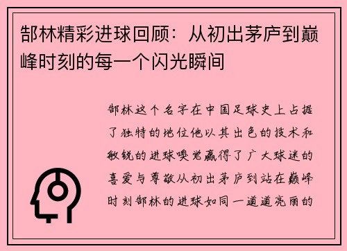 郜林精彩进球回顾：从初出茅庐到巅峰时刻的每一个闪光瞬间