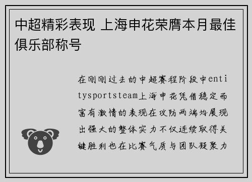 中超精彩表现 上海申花荣膺本月最佳俱乐部称号 中超精彩表现 上海申花荣膺本月最佳俱乐部称号