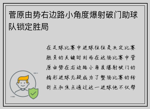 菅原由势右边路小角度爆射破门助球队锁定胜局 菅原由势右边路小角度爆射破门助球队锁定胜局